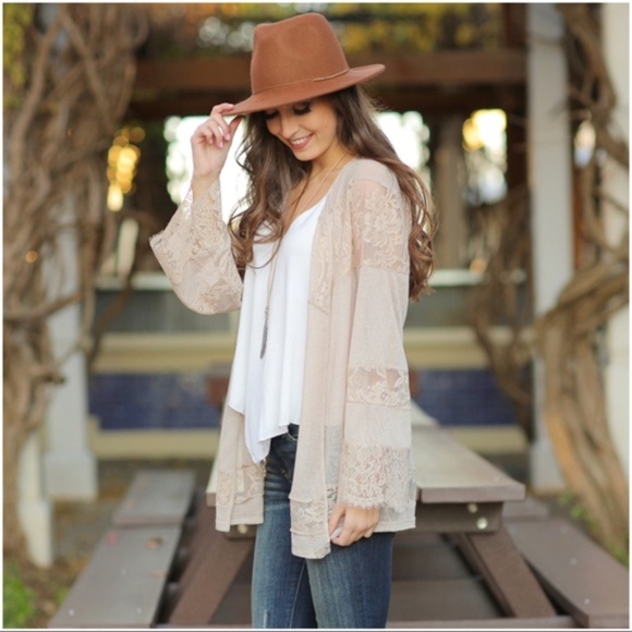 Infinity Raine Sweaters - Taupe Lace Kimono Cardigan